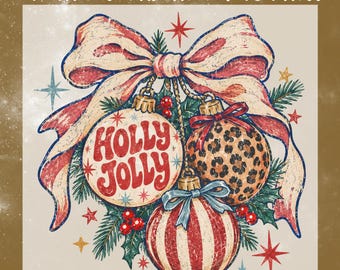 Holly Jolly DTF Transfer, Retro Leopard Ornament Ready To Press, Distressed Festive Holiday Heat Transfer