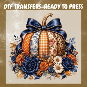 May include: A DTF TRANSFERS-READY TO PRESS graphic featuring a pumpkin with segments in orange polka dot, blue floral, orange gingham, floral, and leopard print patterns. It is topped with a navy blue ribbon and surrounded by blue and orange flowers.