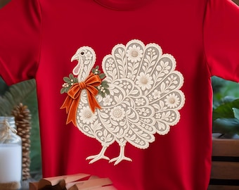 Thanksgiving Turkey DTF Transfer, Velvet Bow Fall Ready To Press, Faux Embroidery Turkey Shirt Heat Transfer