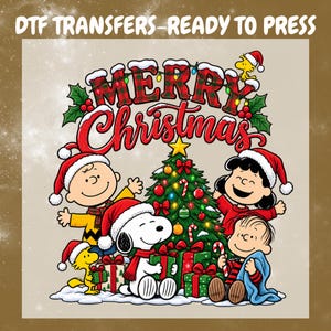 May include: A DTF transfer graphic featuring the text Merry Christmas in red and green plaid lettering. The design includes cartoon characters Charlie Brown, Snoopy, Lucy, Linus, and Woodstock around a decorated Christmas tree with gifts.