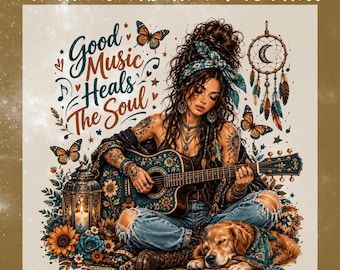 Bohemian Music DTF Transfer, Boho Guitar Girl Golden Retriever Ready To Press, Country Music Dog Lover Heat Transfer