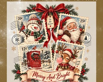 Merry And Bright DTF Transfer, Vintage Xmas Stamp Ready To Press, Santa Reindeer Holiday Shirt Heat Transfer