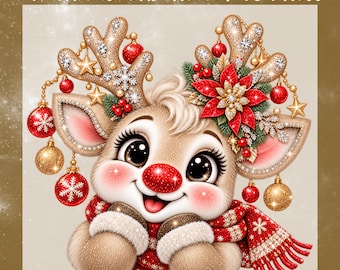 Baby Reindeer Christmas DTF Transfer, Snowflake Scarf Ready to Press, Faux Glitter Christmas Deer Shirt Heat Transfer