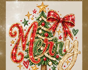 Merry Christmas DTF Transfer, Plaid Bow Merry Ready To Press, Faux Glitter Merry Heat Transfer