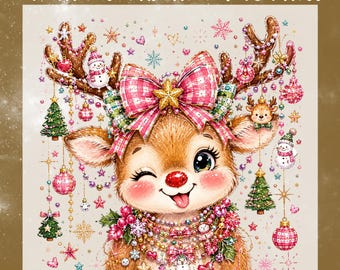 Reindeer Christmas DTF Transfer, Cute Pink Bow Christmas Ready To Press, Holiday Shirt Heat Transfer