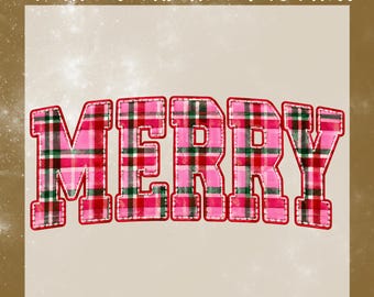 Pink Merry Christmas DTF Transfer, Faux Embroidery Christmas Ready To Press, Festive Holiday Varsity Heat Transfer