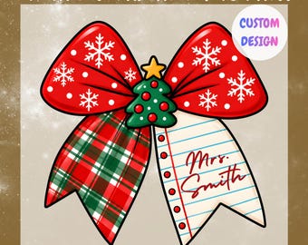 Custom Teacher Christmas Bow DTF Transfer, Coquette Red Plaid Bow Ready To Press, Personalized Teacher Christmas Heat Transfer