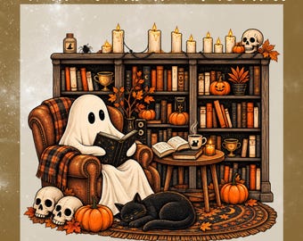 Cozy Ghost Reading Book DTF Transfer, Spooky Bookish Library Ready To Press, Spooky Season Book Lover Heat Transfer
