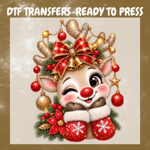Cute Christmas Reindeer DTF Transfer, Red Bow Holiday Ready to Press, Festive Xmas Bow Reindeer Shirt Heat Transfer