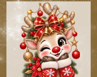 Cute Christmas Reindeer DTF Transfer, Red Bow Holiday Ready to Press, Festive Xmas Bow Reindeer Shirt Heat Transfer