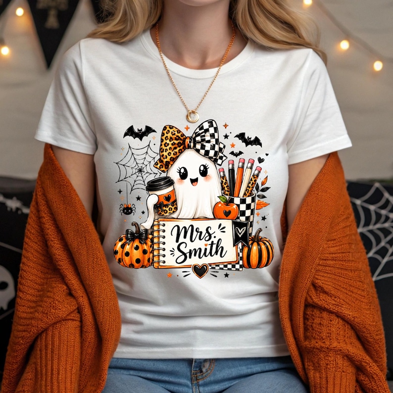 Może przedstawiać: Biały t-shirt z grafiką ducha w panterkę i w kratkę, trzymającego kubek kawy. Wz&oacute;r zawiera dynie, nietoperze, pajęczynę, oł&oacute;wki w kubku oraz notatnik z napisem Mrs. Smith.