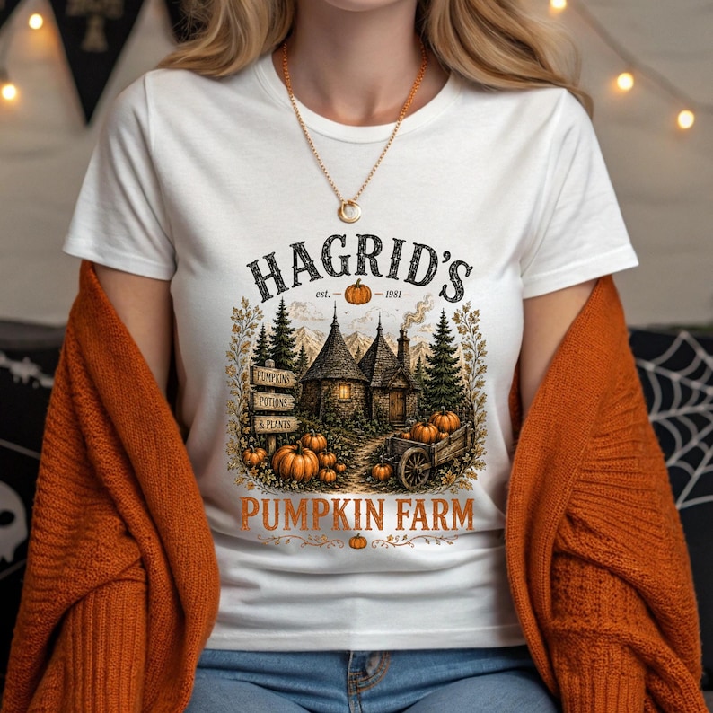 May include: A white t-shirt featuring a graphic print of a rustic cottage, pine trees, and pumpkins. The text reads HAGRID'S est. 1981 PUMPKIN FARM, with a small sign labeled PUMPKINS, POTIONS & PLANTS. The design includes a wooden cart and autumn foliage.