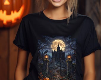 Spooky Haunted House DTF Transfer, Dark Cottagecore Raven Pumpkin Ready to Press, Gothic Halloween Shirt Heat Transfer