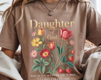 Daughter of God DTF Transfer, Wildflower Strawberries Bible Verse Ready To Press, Christian Women Botanical Shirt Heat Transfer