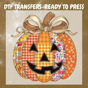 May include: A graphic design featuring a pumpkin with a patchwork pattern of orange gingham, floral prints, and plaid, topped with a tan bow. The pumpkin has a black stitched jack-o'-lantern face. The text DTF TRANSFERS-READY TO PRESS is at the top.