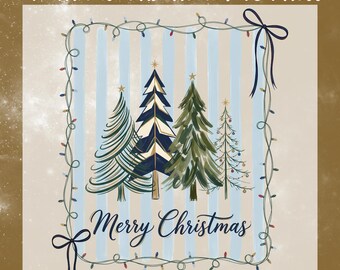 Merry Christmas Tree DTF Transfer, Coastal Blue Navy Holiday Ready To Press, Christmas Bow Shirt Heat Transfer