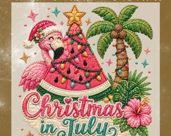 Christmas In July DTF Transfer, Faux Embroidery Tropical Flamingo Santa Hat Ready To Press, Summer Holiday Beach Heat Transfer