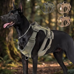 Puede incluir: Un perro negro con un arnés táctico verde oliva con correas ajustables y un asa. Se muestran tres arneses adicionales en verde oliva, beige y caqui en el fondo. El arnés tiene un anillo en D de metal para sujetar la correa.
