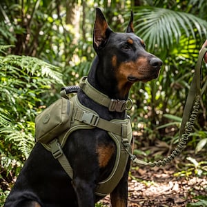 Tactical Dog Harness Set - Reflective Vest with Collar & Leash for Large Dogs - No Pull Escape Proof - Black Camo Green Khaki