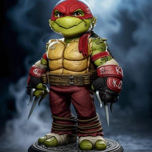 May include: A detailed figurine of Raphael from Teenage Mutant Ninja Turtles. The figure is green with a red mask, red and black wristbands, and red trousers. He is holding two silver sai weapons and stands on a circular base.