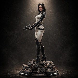May include: A detailed figurine of a female character named Agent Sable, wearing a textured white bodysuit with black sleeves and tall black boots. The figure holds a black handgun and stands on a rocky base with an anchor emblem and nameplate.