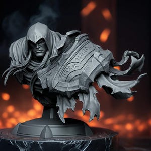 May include: A detailed, grayscale bust sculpture of a character with long hair and a hooded cloak. The figure has a stern expression and is adorned with ornate armor. The sculpture is mounted on a pedestal with a textured base, set against a blurred, fiery background.