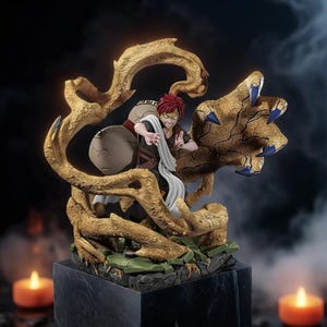 Puede incluir: Una detallada figura de un personaje con cabello rojo y una bufanda blanca, posando dinámicamente en medio de una estructura de arena dorada y marrón. La figura está sobre una base negra con detalles verdes, con dos velas encendidas en primer plano.