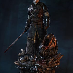 May include: A detailed statue of a warrior figure, clad in dark armor and chainmail, holding a sword and a severed head. The figure stands on a wooden base with a Witcher symbol, with a dark, dramatic background.