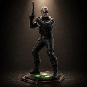 May include: A detailed figurine of a bearded character in a black tactical suit, wearing green-lit night vision goggles. The figure holds a pistol in one hand and stands on a hexagonal base featuring three glowing green circular lights.
