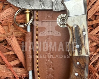 Handmade Damascus Steel Pocket Knife: Deer Antler Stag Horn & Rose Wood Handle Original Leather Sheath Blade Sharpener Birthday Gift for Him