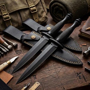 May include: Two black double-edged daggers with textured grips and pointed blades, resting on a black leather sheath with gold-toned metal studs. The daggers are positioned on a dark wooden surface alongside various metal crafting tools and leather goods.
