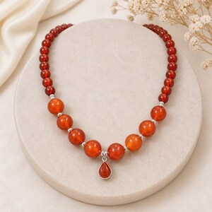 Handmade Carnelian Beads Necklace With Silver Carnelian Pendant Natural Gemstone Red Beads Statement Neckpiece