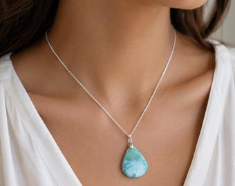 Handmade Natural Larimar Gemstone Pendant - 925 Sterling Silver Pendant Necklace - Gift For Her - Women's Pendant