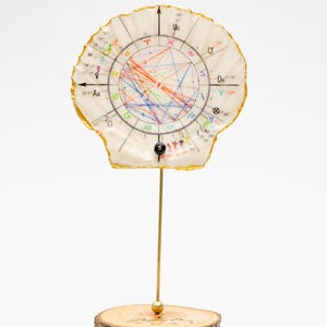 Puede incluir: Una concha circular con borde pintado en dorado, que presenta una carta astrológica impresa con líneas y símbolos coloridos. La concha está montada sobre una fina varilla de metal dorado sujeta a una base redonda de madera natural con texto.