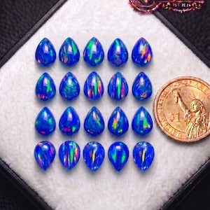 Cabujón de ópalo Gilson en forma de pera, de base plana, suelto, de color azul fuego, suministros para la fabricación de joyas, lote al por mayor de 5x7-16 x 35 mm, perforación personalizada.