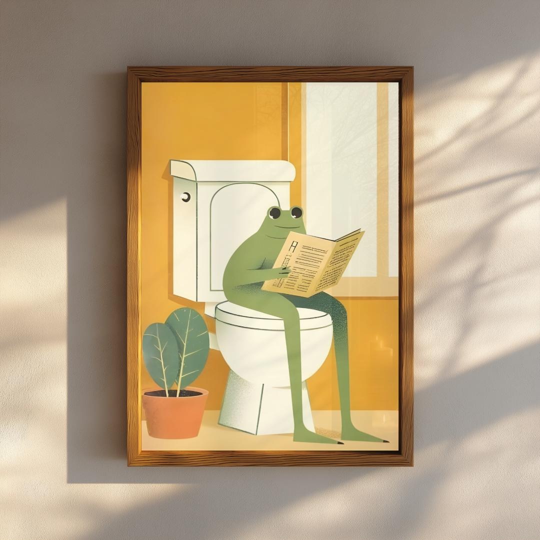 Funny Bathroom Poster, Frog Reading Newspaper Print, Toilet Wall Art ...