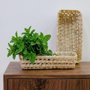 Handgemaakte mini rechthoekige rieten mand – 25x12x6,5 cm – Marokkaanse handgemaakte opbergmand – Natuurlijke boho decoratie