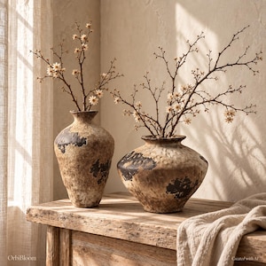 May include: Two textured ceramic vases with a distressed beige and dark brown finish. The taller vase is slender with a narrow neck, while the shorter vase is wide and rounded. Both contain thin, bare branches with small white flowers.