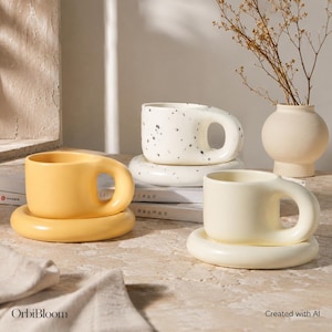 Puede incluir: Tres tazas de cerámica con asas gruesas y redondeadas, cada una sobre un plato circular a juego. Una taza es de color amarillo sólido, otra es de color crema sólido y la tercera es blanca con motas negras. El texto OrbiBloom es visible abajo.