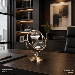May include: A rotating hourglass featuring a clear glass bulb filled with white sand, encased within a circular gold-toned metal frame. The structure is supported by a polished silver-toned sphere atop a circular gold-toned metal base.