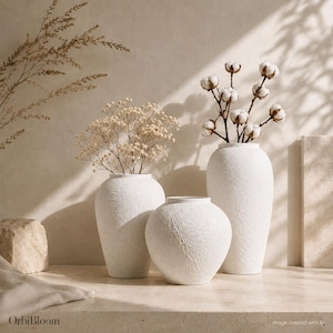 May include: Three white ceramic vases with a textured, matte finish. The vases vary in shape and height, with one tall slender vase, one medium vase, and one rounded vase. They are filled with dried baby's breath and cotton stems.