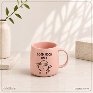 Può includere: Una tazza in ceramica rosa chiaro con il testo nero GOOD MOOD ONLY e un semplice disegno al tratto di un personaggio che indossa un cappello a tesa larga e fa il segno di vittoria con una mano. La tazza ha una finitura liscia e un manico.