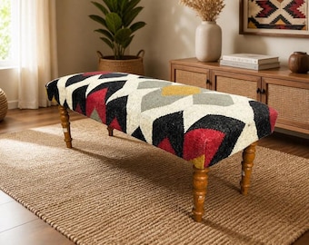multicolor Wool Jute Kilim Bench, BOHO entryway Bench, Vintage Geometric Wooden SEATING bench, Kilim Ottoman, Custom Size Available