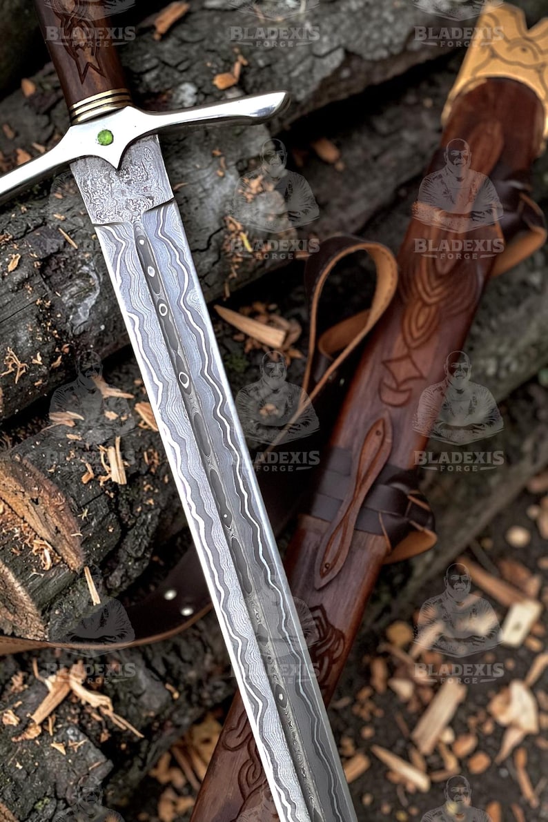 May include: A detailed image of a sword with a patterned blade and a wooden handle. The sword is silver and brown, with a leather sheath. The blade has a unique wave-like pattern. The sheath is brown with carved designs.