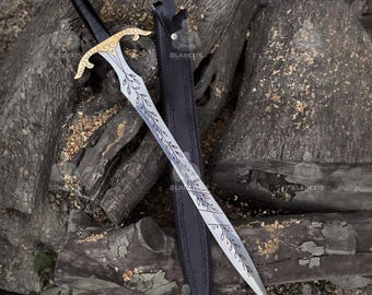 Elven Leaf Sword — Hand-Engraved High Carbon Steel Blade | Fantasy LOTR-Inspired Sword with Leather Scabbard |  Cosplay Wall Art Display
