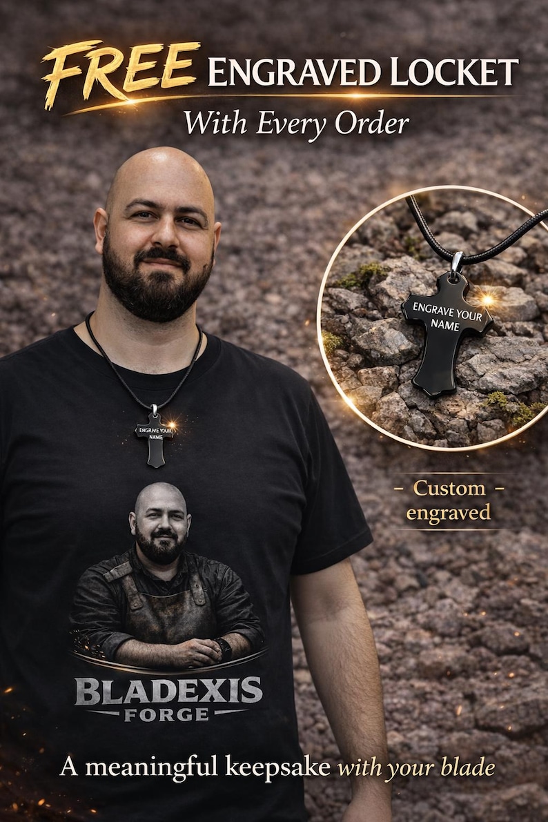May include: A black engraved locket with the text "ENGRAVE YOUR NAME" is shown in this image. The locket is on a black cord. The image also features a man wearing a black t-shirt with the text "BLADEXIS FORGE". The text "FREE ENGRAVED LOCKET With Every Order" is also visible.
