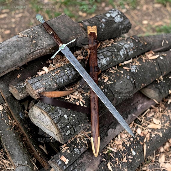 Handmade Elven Longsword 42" Damascus Steel | Walnut Handle with Emerald Accents Fantasy Sword with Scabbard | Groomsmen Gift