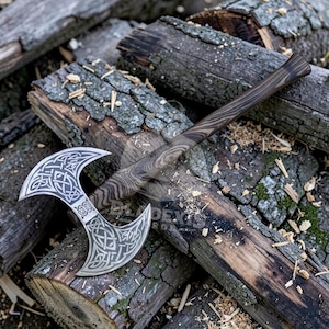 May include: A double-bladed axe with a silver-colored head featuring intricate Celtic knot designs. The wooden handle has a dark, textured finish. The axe rests on a pile of weathered wooden logs, with wood shavings scattered around.