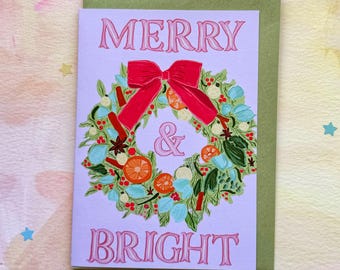 Christmas Wreath Merry and Bright Cosy Whimsical Greeting Card