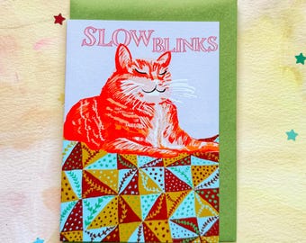 Slow Blinks Cat Quilt Whimsical Greeting Card